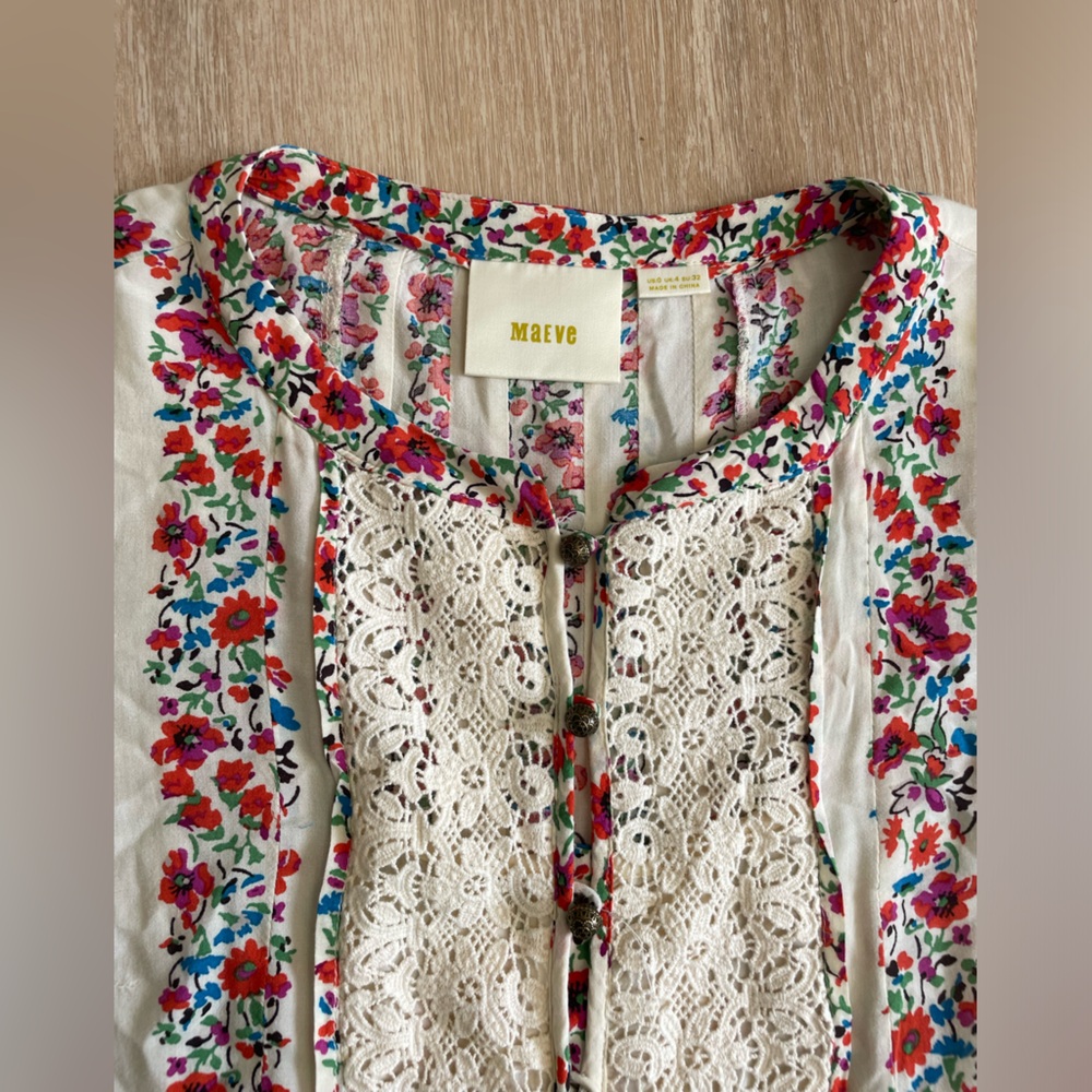 Anthropologie Maeve Womens Top Size 0 Button Hiver Boho Cottagecore Blouse Lace - Picture 11 of 14
